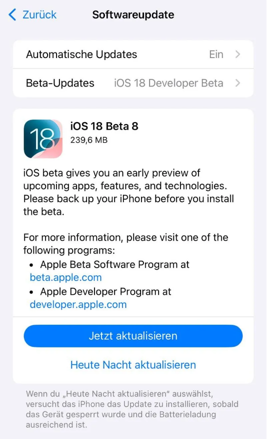 眉县苹果手机维修分享苹果 iOS / iPadOS 18 开发者预览版 Beta 8 发布 